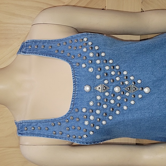 Vintage | Mirage Artwear Denim Dress Pearl & Silver Details | Medium - Picture 3 of 9
